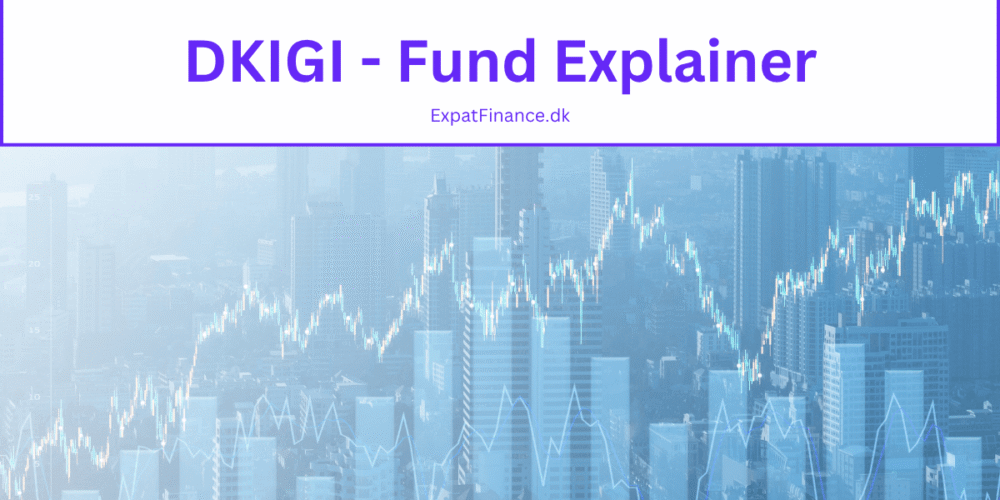 A graphic featuring a white header bar with the text "DKIGI - Fund Explainer" and "ExpatFinance.dk". The background consists of a blue-toned city skyline with a white stock market line chart and candlestick graph superimposed over it.