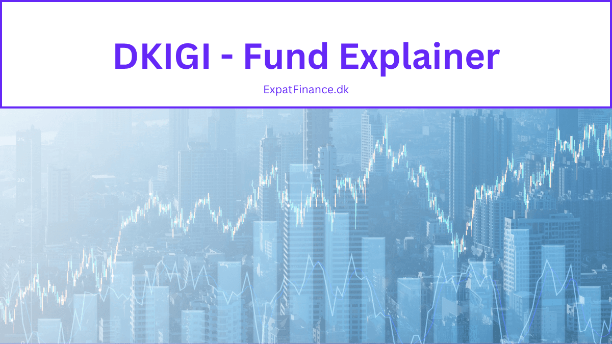 A graphic featuring a white header bar with the text "DKIGI - Fund Explainer" and "ExpatFinance.dk". The background consists of a blue-toned city skyline with a white stock market line chart and candlestick graph superimposed over it.