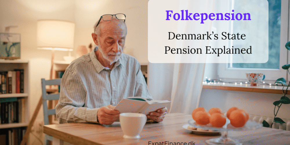 An elderly man reading a book at a table with a coffee cup, featuring text that reads "Folkepension: Denmark’s State Pension Explained" by ExpatFinance.dk.