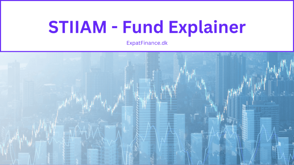A graphic featuring a white header bar with the text "STIIAM - Fund Explainer" and "ExpatFinance.dk". The background consists of a blue-toned city skyline with a white stock market line chart and candlestick graph superimposed over it.