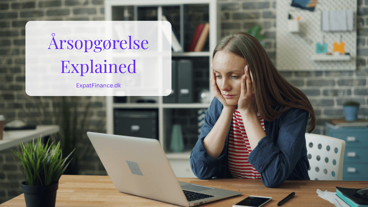 Exhausted woman looking at laptop, illustrating a guide to understanding the Danish Årsopgørelse tax assessment by ExpatFinance.dk.