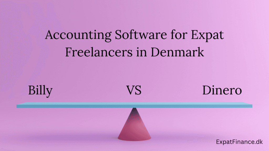 Visual comparison scale comparing Billy vs Dinero accounting software for expat freelancers in Denmark by ExpatFinance.dk