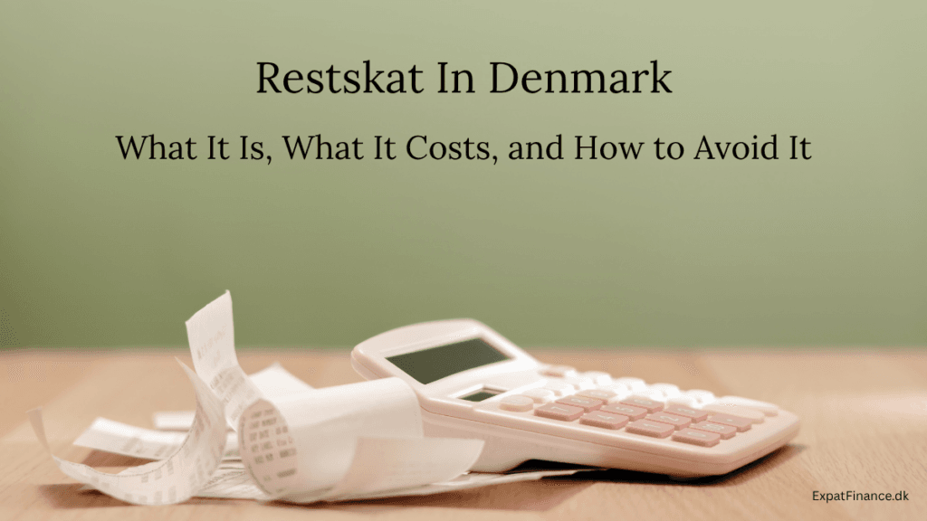 Pink calculator and paper receipts sitting on a wooden table next to text reading "Restskat In Denmark: What It Is, What It Costs, and How to Avoid It."