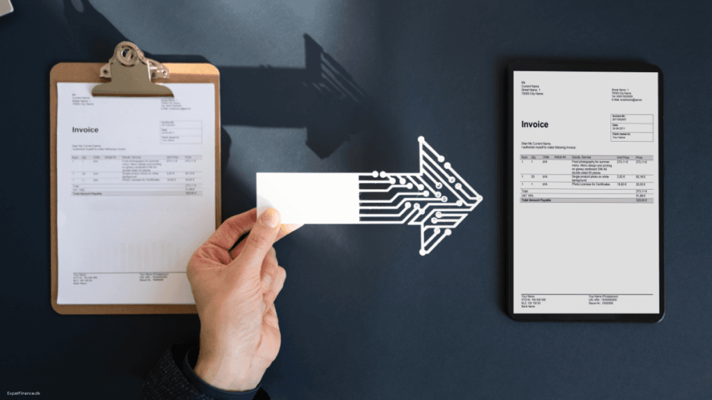 Hand pointing a digital arrow from a paper invoice on a clipboard to a digital invoice on a tablet screen.