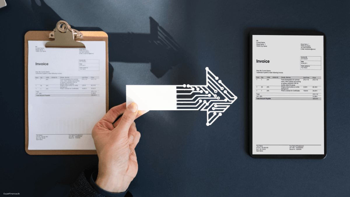 Hand pointing a digital arrow from a paper invoice on a clipboard to a digital invoice on a tablet screen.